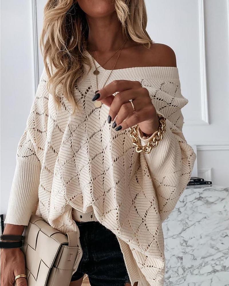 

Hollow Out Batwing Sleeve Casual Sweater, Apricot