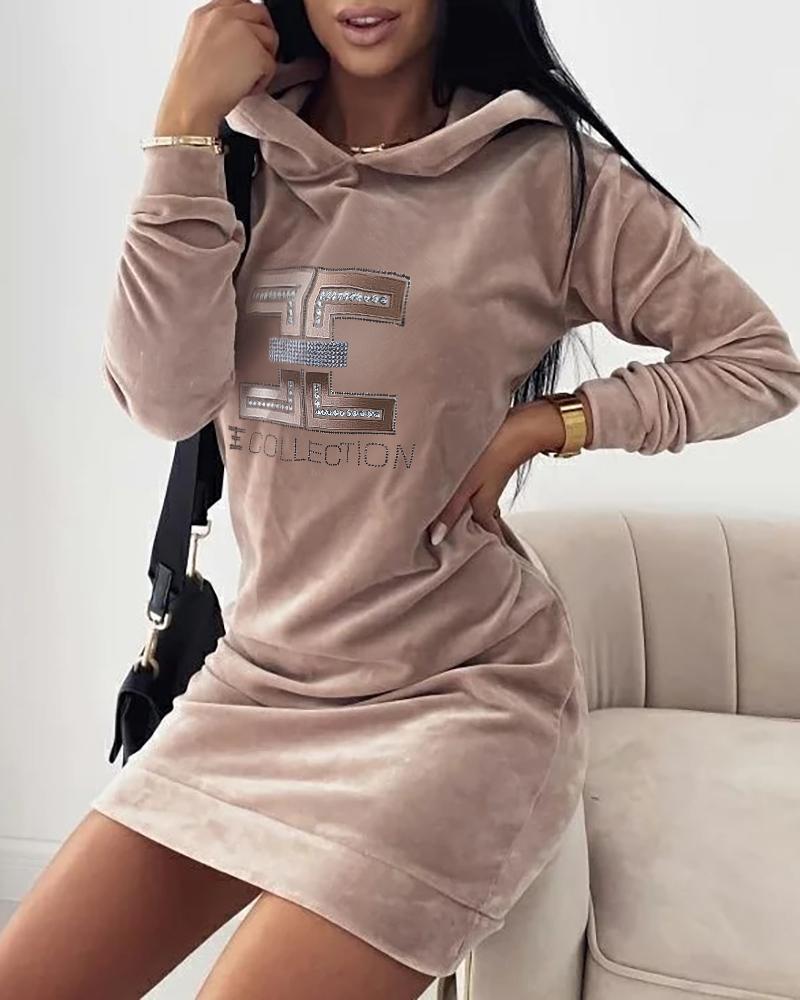 

Velvet Letter Embroidery Hooded Sweatshirt Dress, Coffee