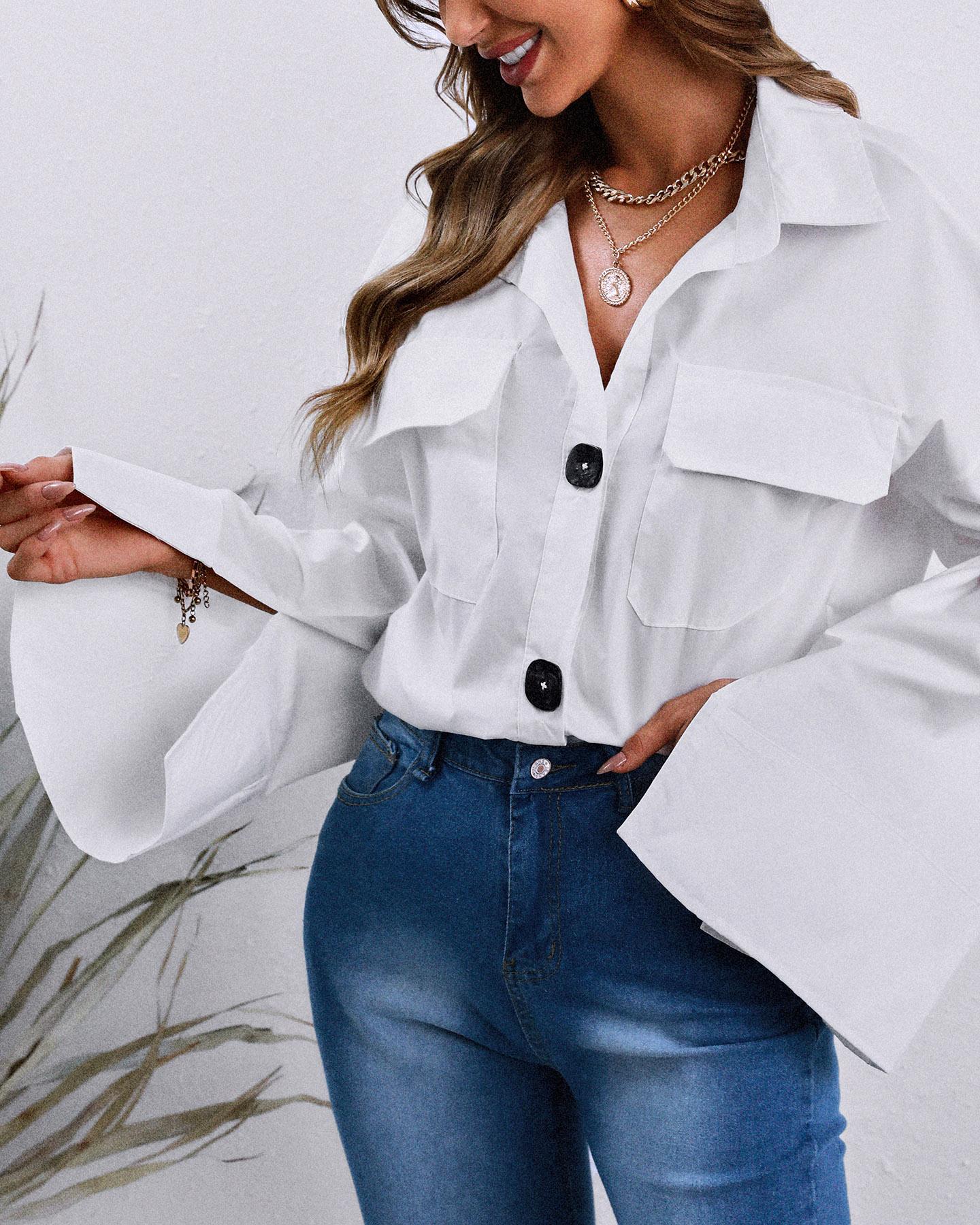 

Bell Sleeve Button Pocket Front Blouse, White