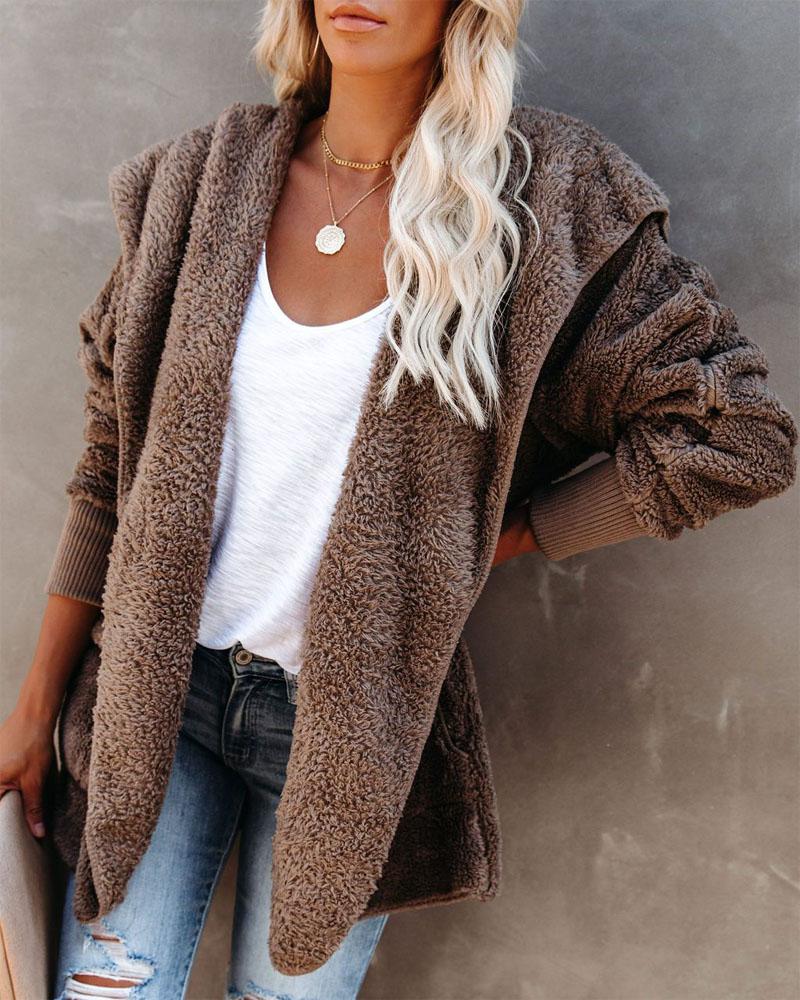

Long Sleeve Pocket Detail Hooded Teddy Coat, Coffee