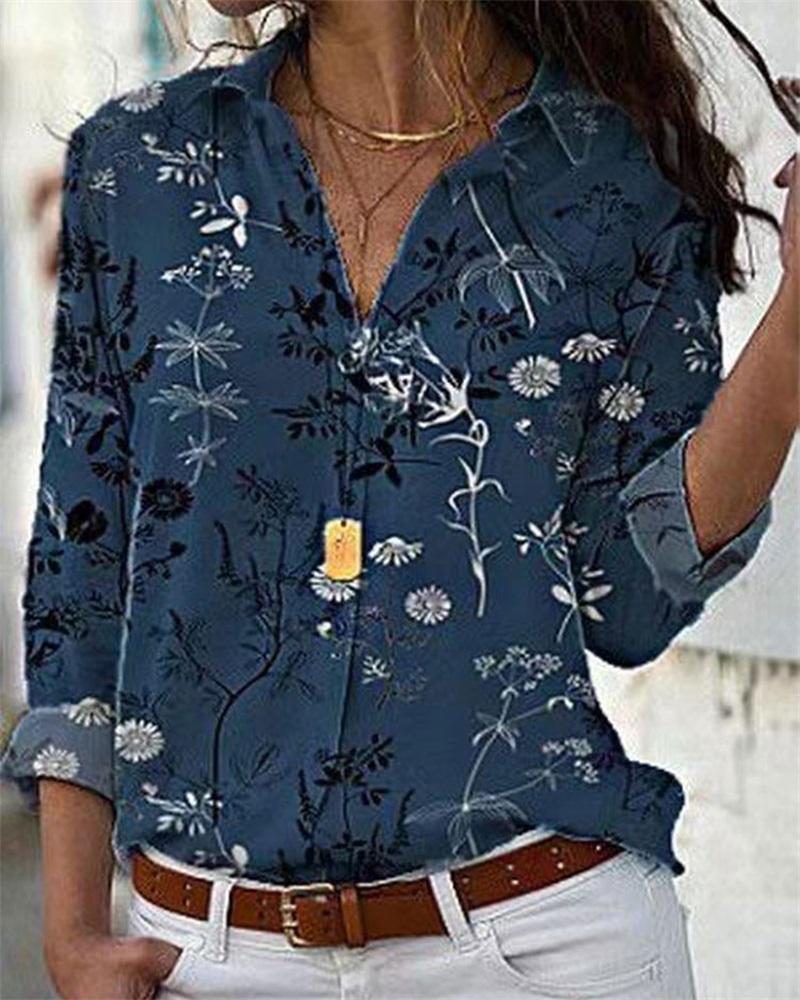 

Plants Print Long Sleeve Button Down Shirt, Purplish blue