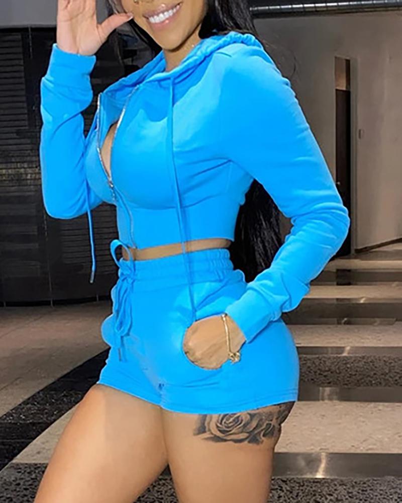 

Zip Hooded Crop Top & Drawstring Shorts Set, Blue