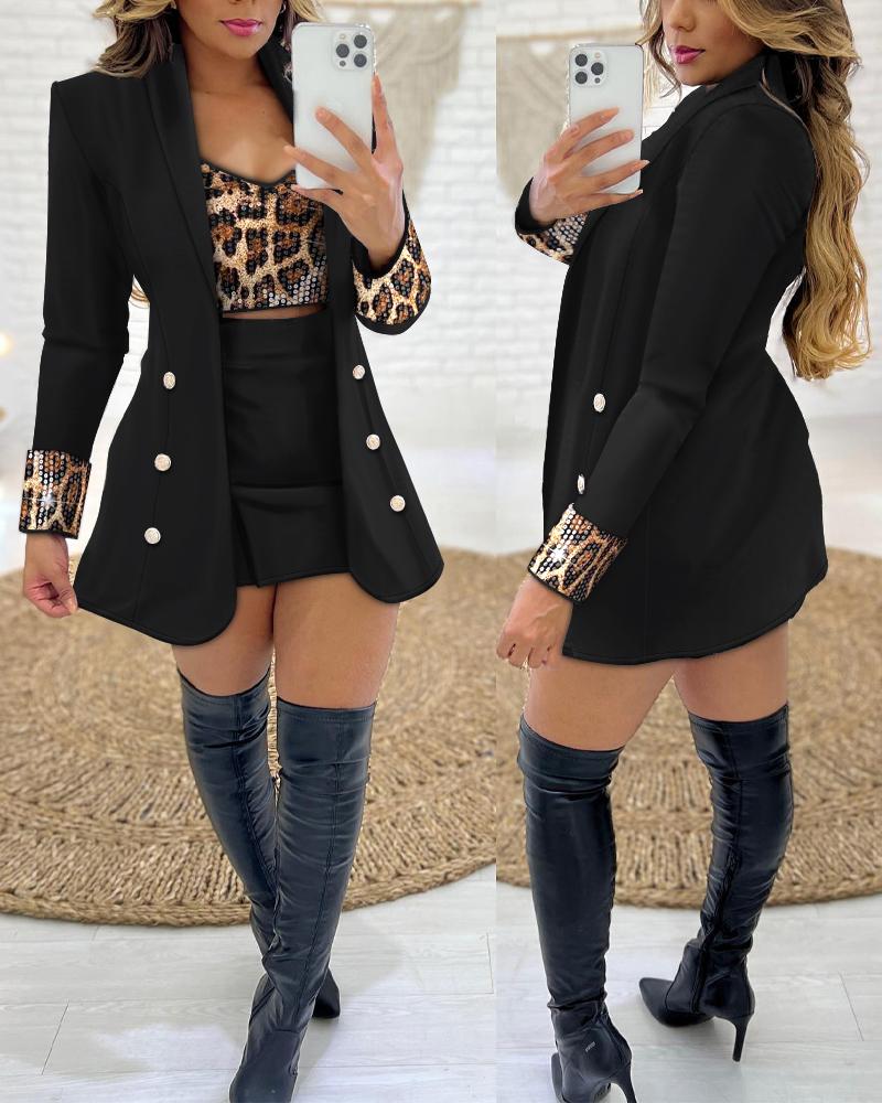 

2 Piece Leopard Pattern Shawl Collar Long Sleeve Coat Contrast Sequin Top Work Suit Set, Black