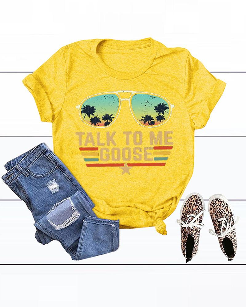 

Letter Print Short Sleeve Casual T-shirt, Yellow