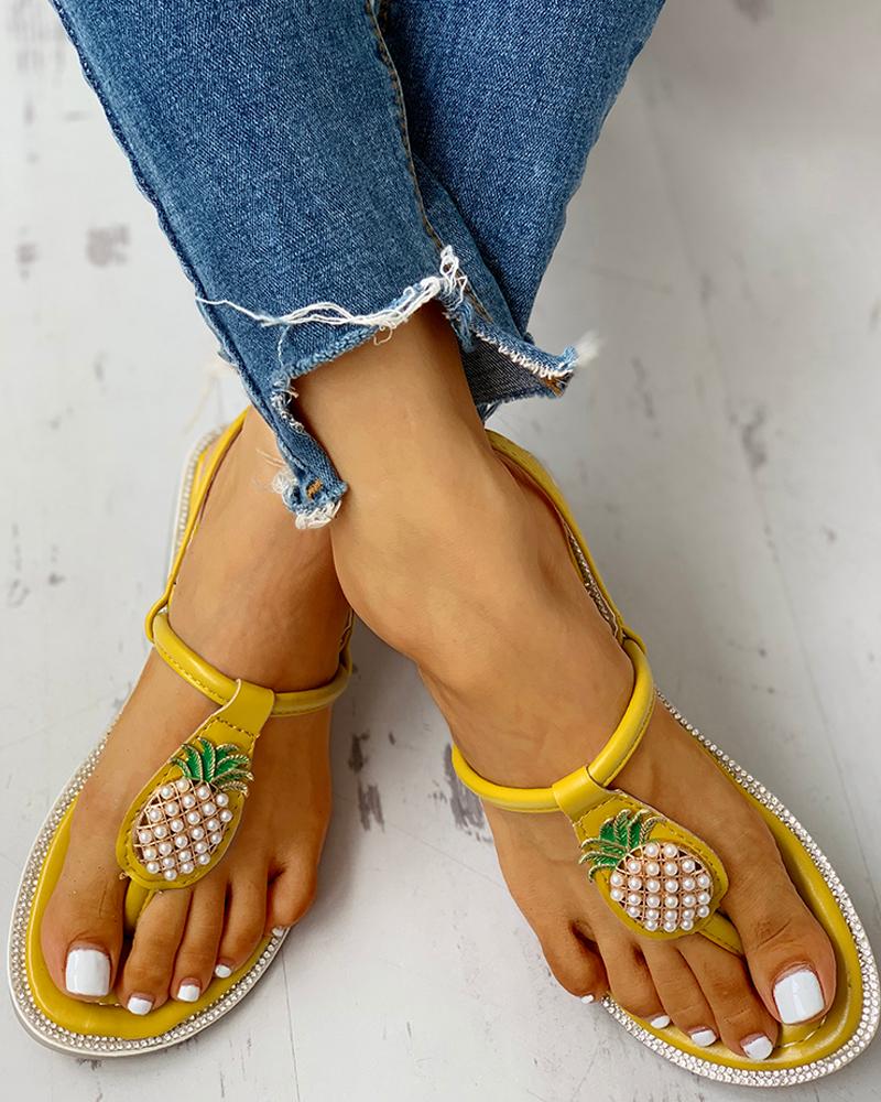 

Pineapple Embellished Toe Post Flat Sandals, Yellow