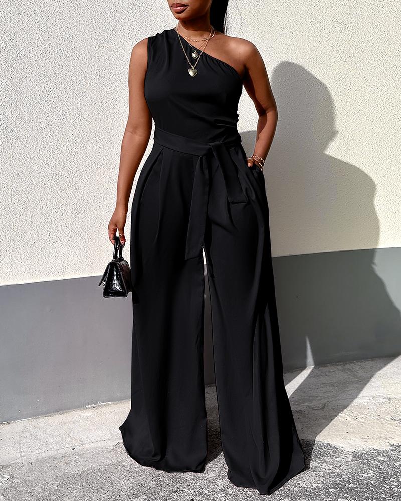 

One Shoulder Sleeveless Wide Leg Jumpsuit, Black