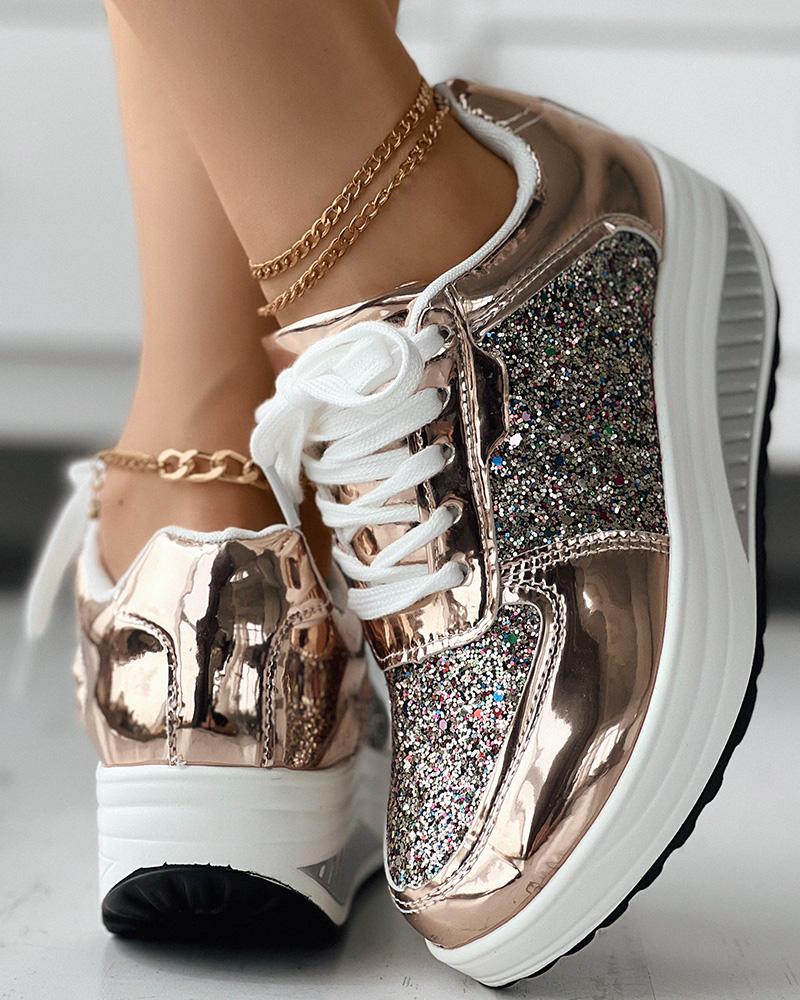 

Colorblock Glitter Lace-up Wedge Sneakers, Champagne