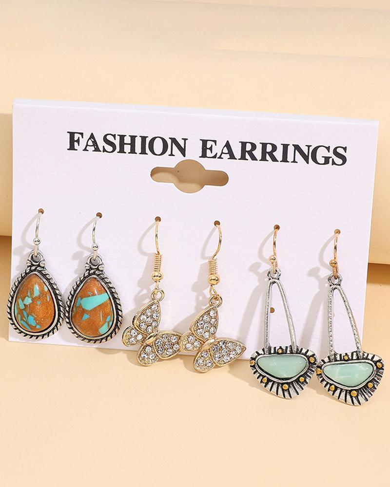

3Pairs Bohemian Waterdrop Butterfly Gem Stone Drop Hook Earrings Set, Green
