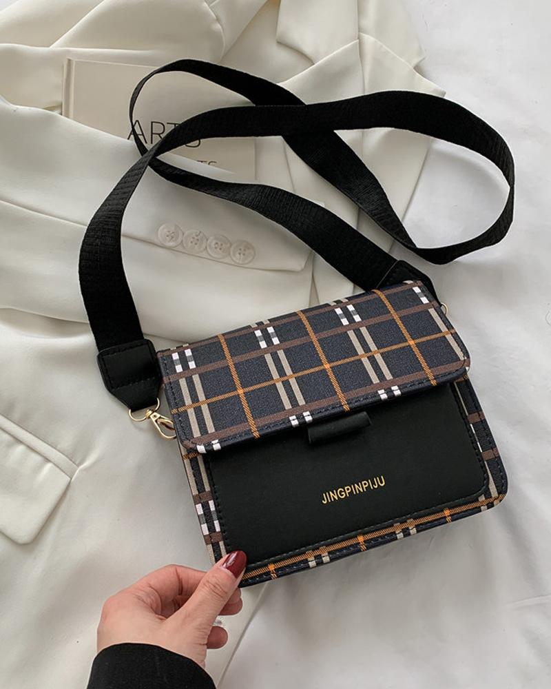 

Plaid Pattern Flap Crossbody Bag, Black