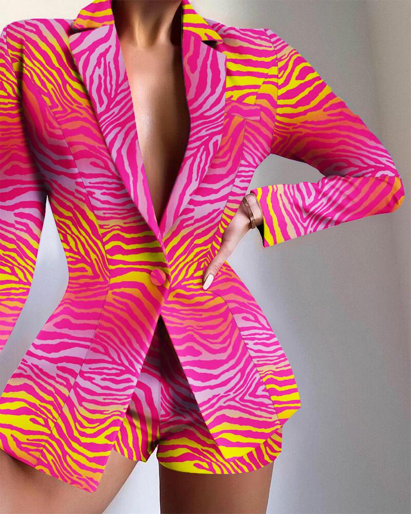 

Zebra Stripe Print Long Sleeve Lapel Collar Blazer, Hot pink