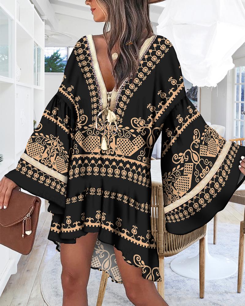 Vintage Tribal Print Bell Sleeve Tassel Swing Dress