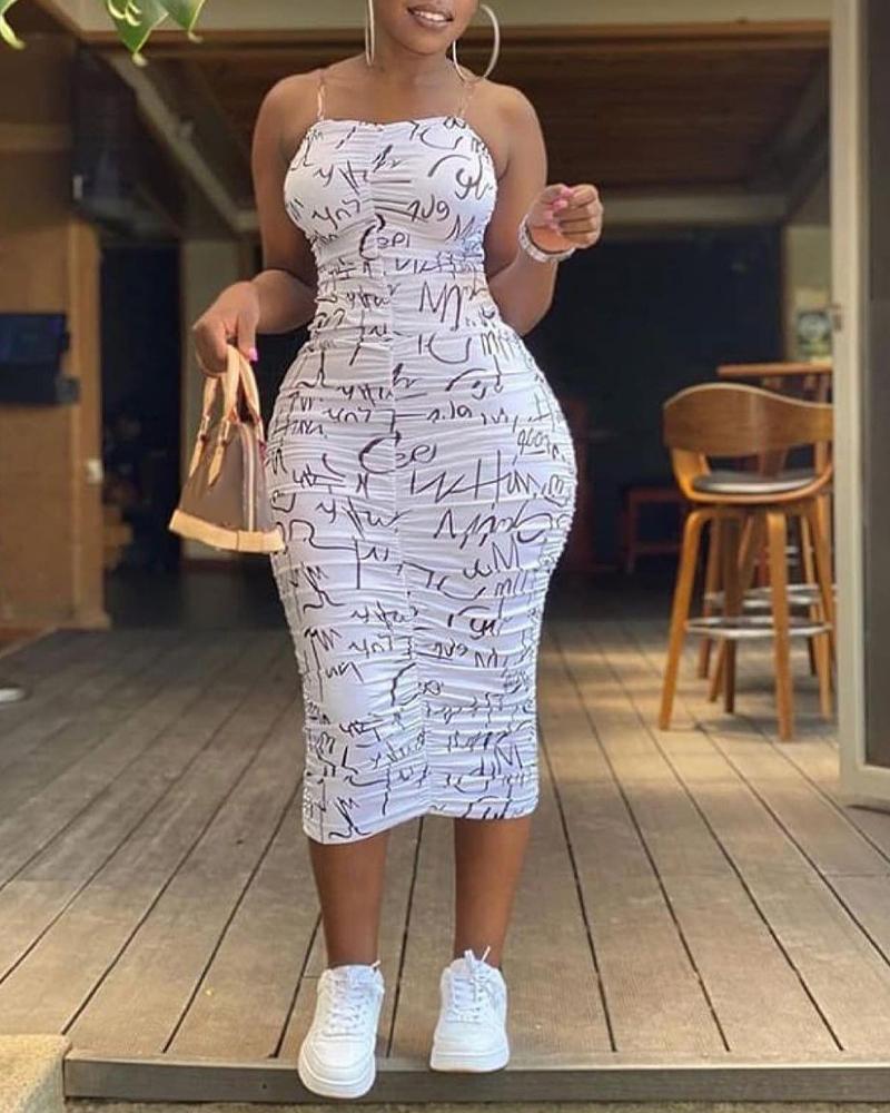 

Letter Print Ruched Bodycon Dress, White