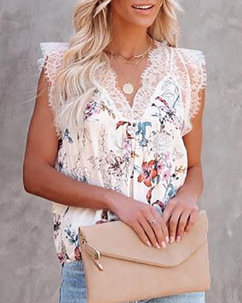

Floral Print Eyelash Lace Trim Tank, White