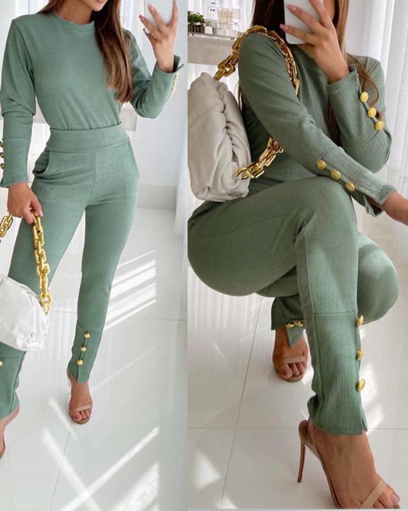 

Button Decor Long Sleeve Top & Pockets Pants Set, Light green