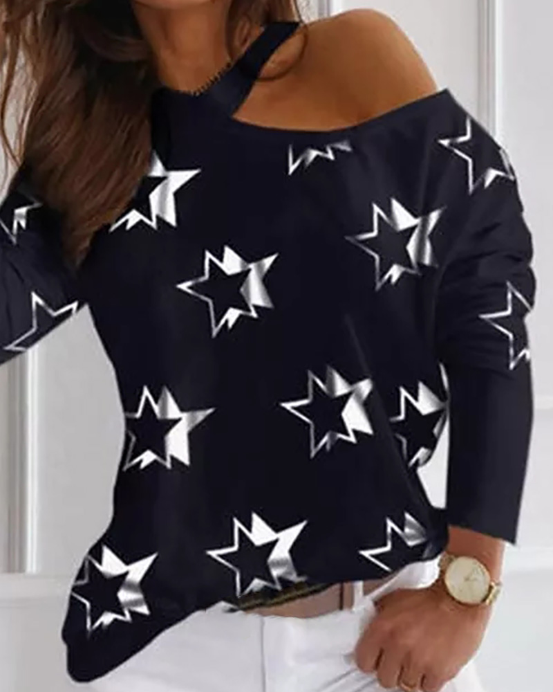 

Star Print Cold Shoulder Casual T-shirt, Black