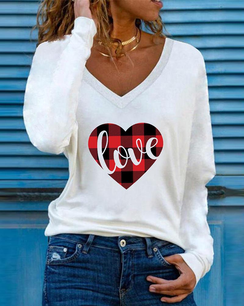 

Valentine' Day Long Sleeve Plaid Letter Heart Print Top, White