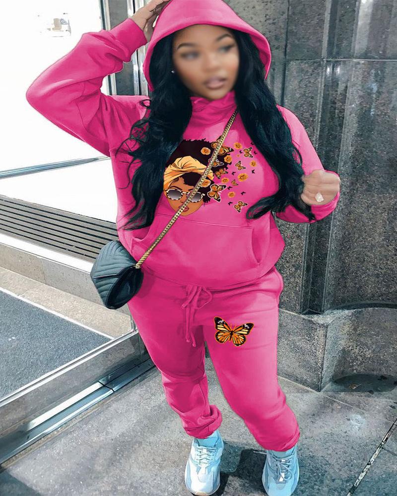 

Plus Size Figure Butterfly Print Casual Hoodie & Pants Set, Hot pink