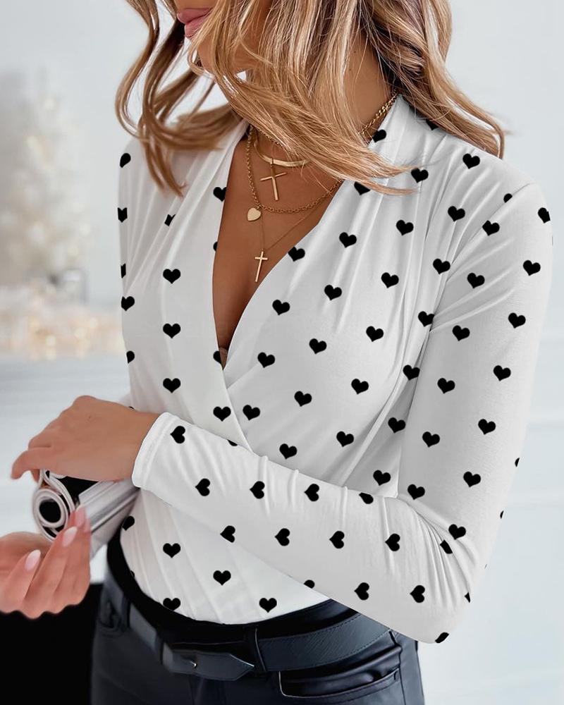 

Heart Print Plunge Ruched Long Sleeve Top, White