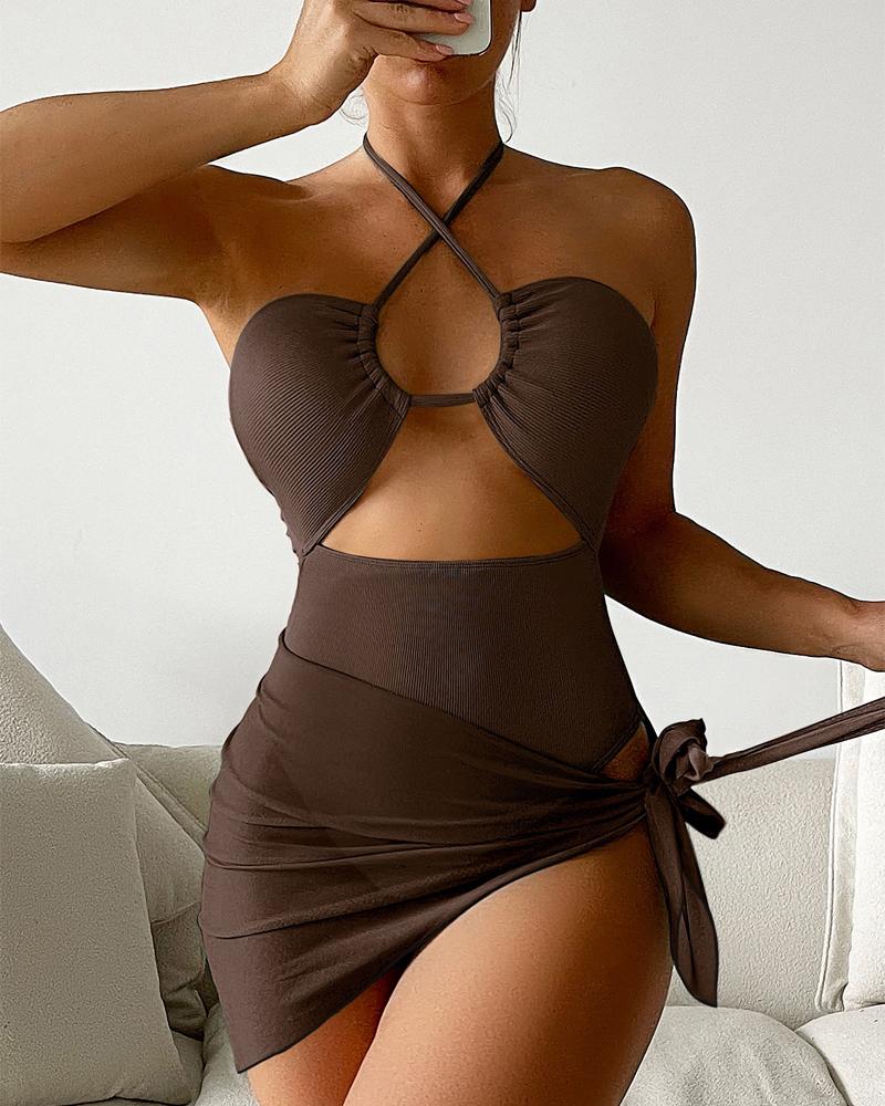 

Cutout Halter One-Piece Swimsuit With Cover Up, Coffee
