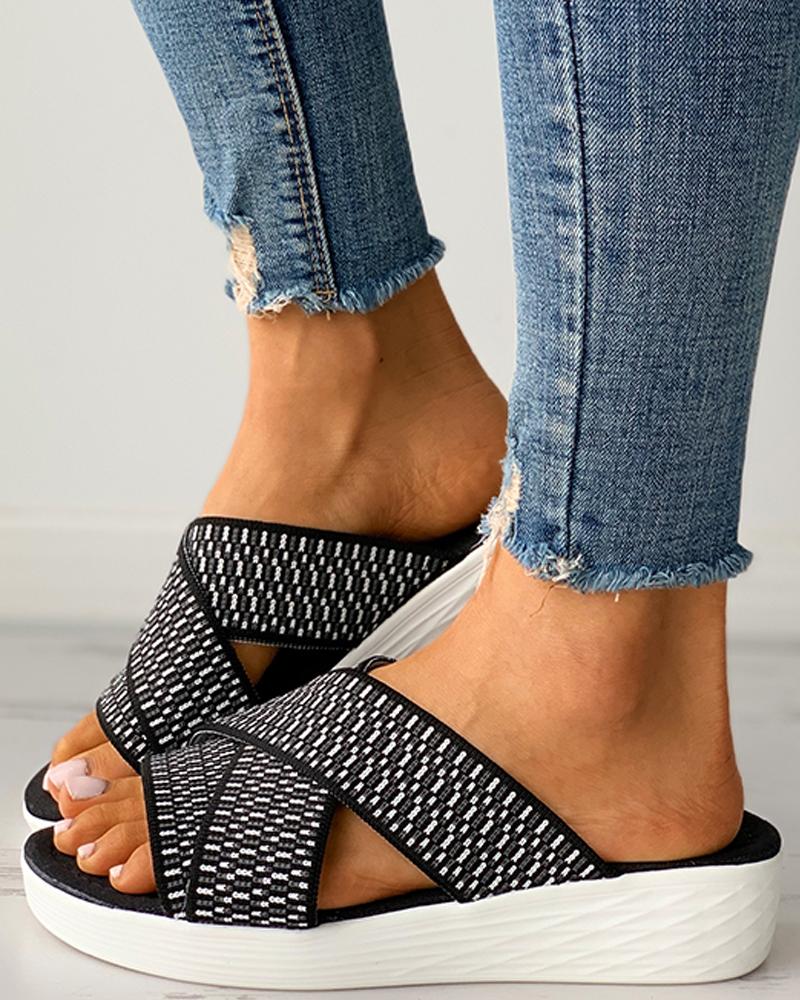 

Cross Strap Open Toe Wedge Sandals, Black