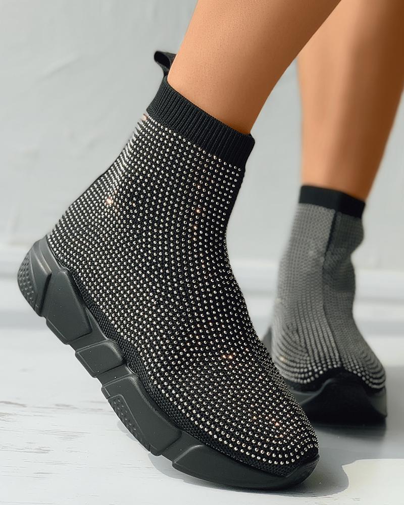

Contrast Paneled Breathable Knit Casual Sneakers, Black