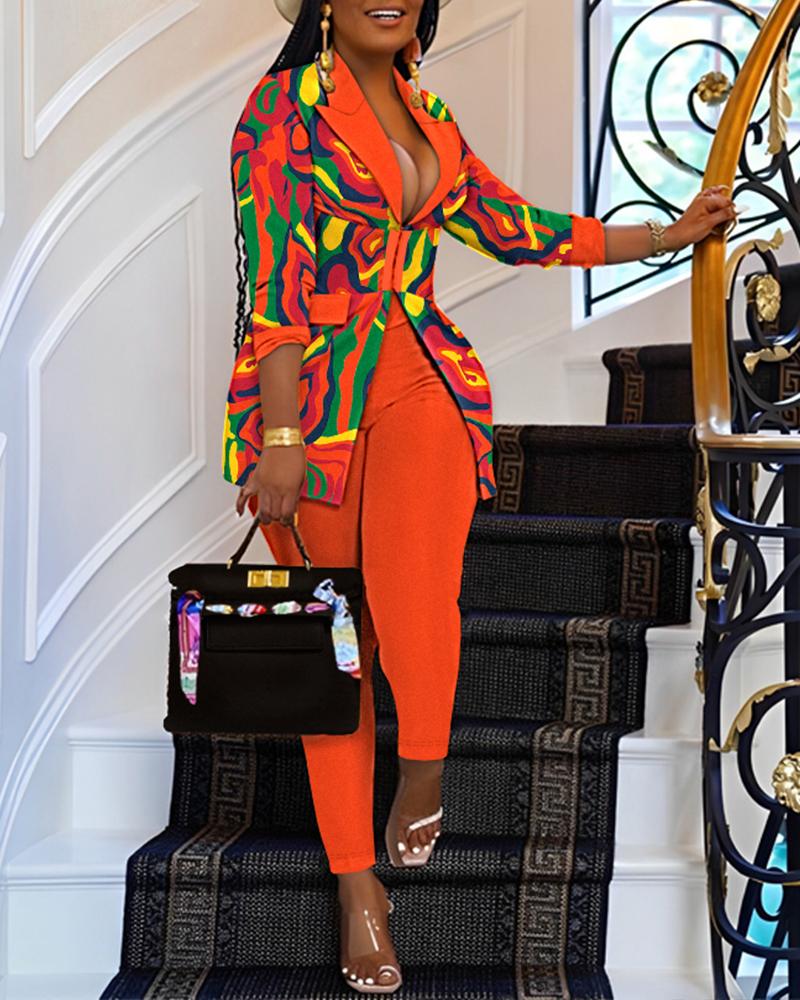

Multi-Color Abstract Print Corset Blazer Coat & Pants Set, Multicolor