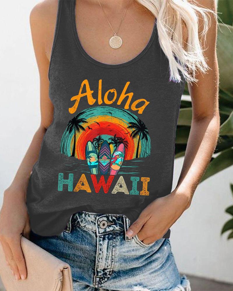 

Landscape Coconut Tree Letter Print Graphic Tee Summer Beach Vest Tank Top, Dark grey