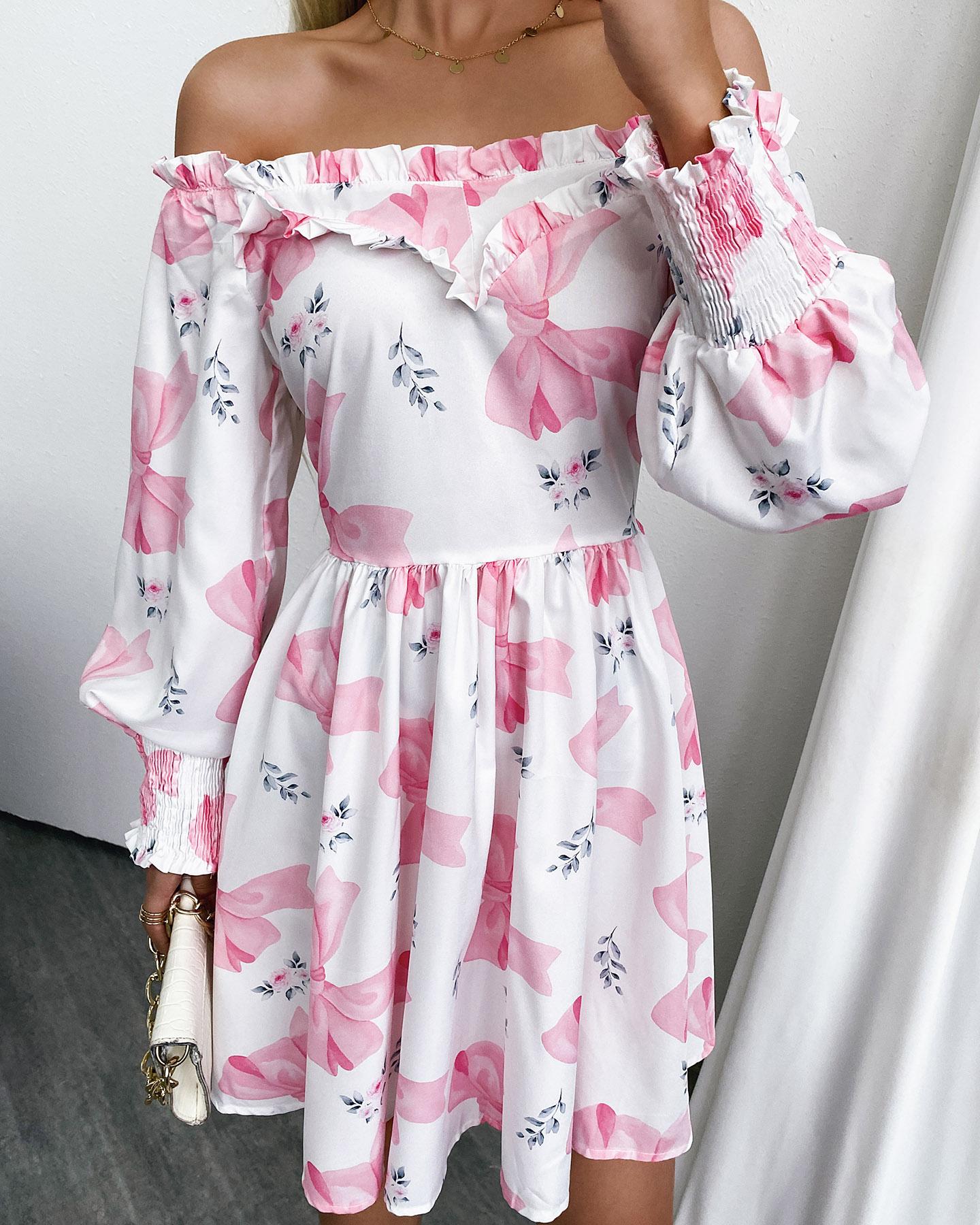 

Off Shoulder Floral Print Frill Hem Ruched Dress, Pink