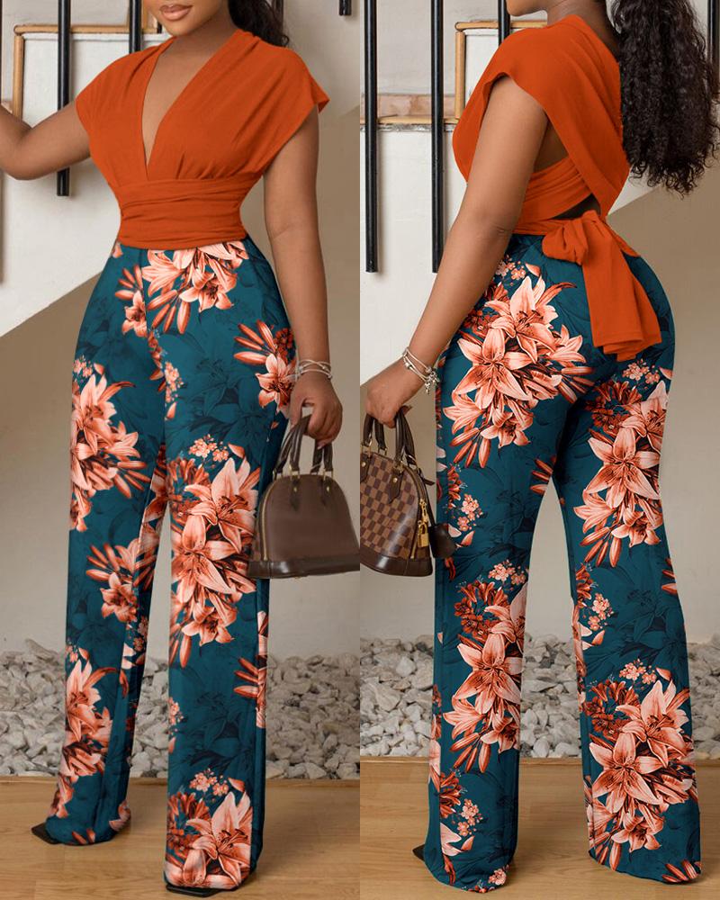 

Floral Print Criss Cross Tie Back Jumpsuit, Multicolor