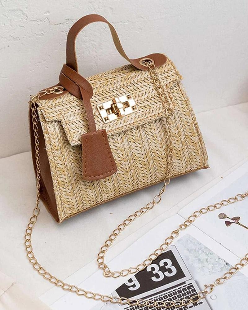 

Braided PU Patch Twisted Lock Satchel Bag, Brown