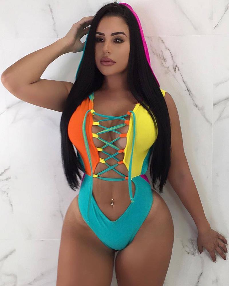 

Lace-up Colorblock Cutout Hooded One Piece Swimsuit, Blue