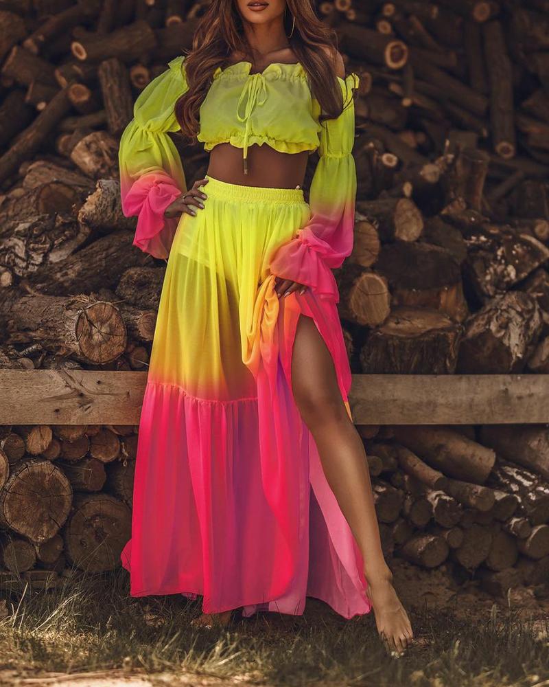 

Tie Dye Long Sleeve Blouse With Loose Midi Skirts Suit Sets, Yellow