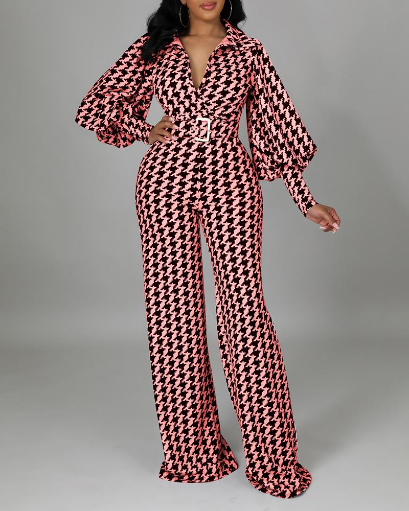 

Lantern Sleeve Houndstooth Print Wide Leg Jumpsuit, Wine red
