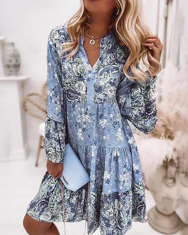 

Ditsy Floral Paisley Print Bell Sleeve Casual Dress, Lighted blue