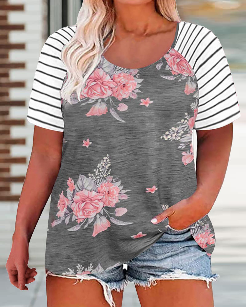 

Plus Size Floral Print Short Sleeve Casual T-shirt, Gray