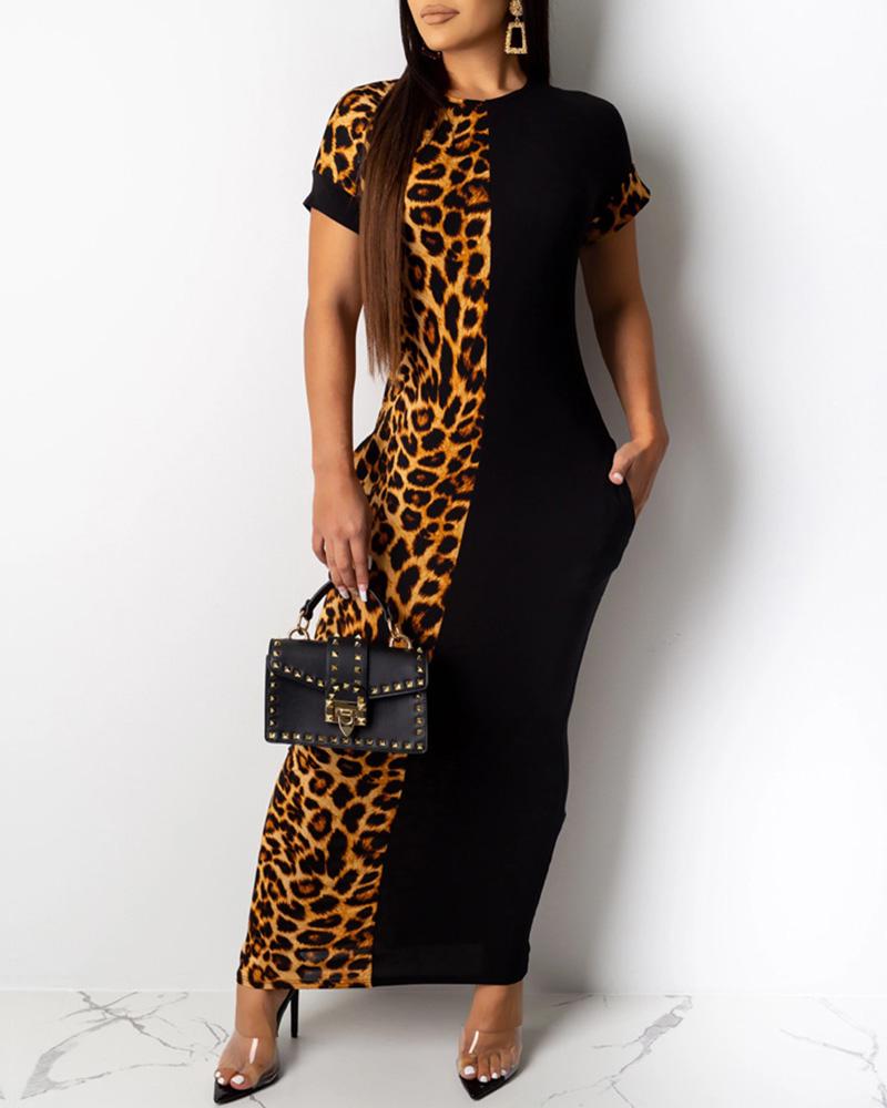 

Leopard Patchwork Short Sleeve Dress, Brown
