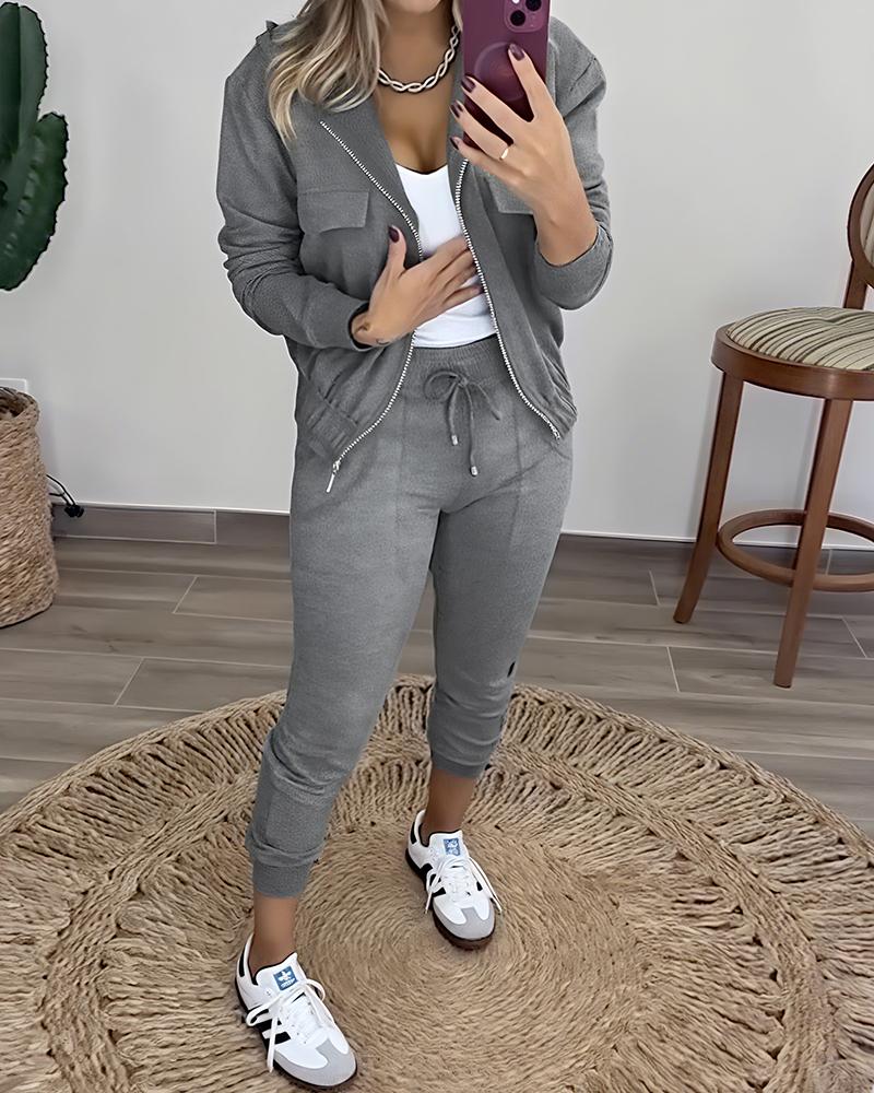 

2 Piece Long Sleeve Zip Up Hoodie Sweatshirt Stretchy Waist Sweatpants Lounge Set with Pockets, Gray