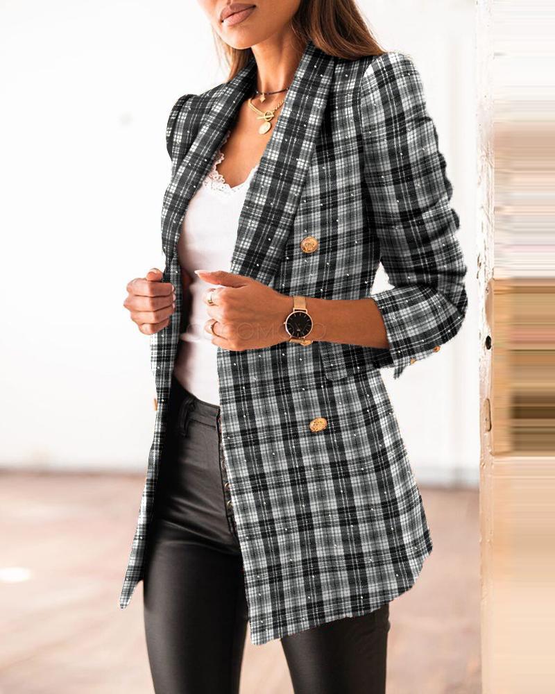 

Beaded Button Design Plaid Blazer Coat, Black