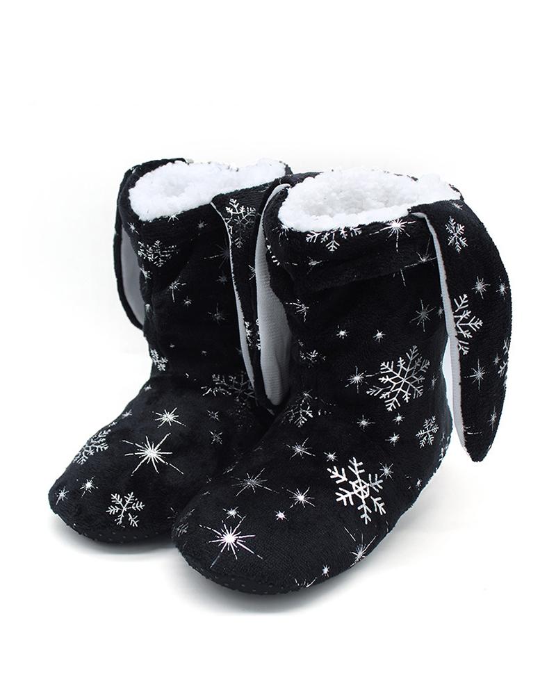 

Christmas Snowflake Print Ear Design Indoor Boots, Black