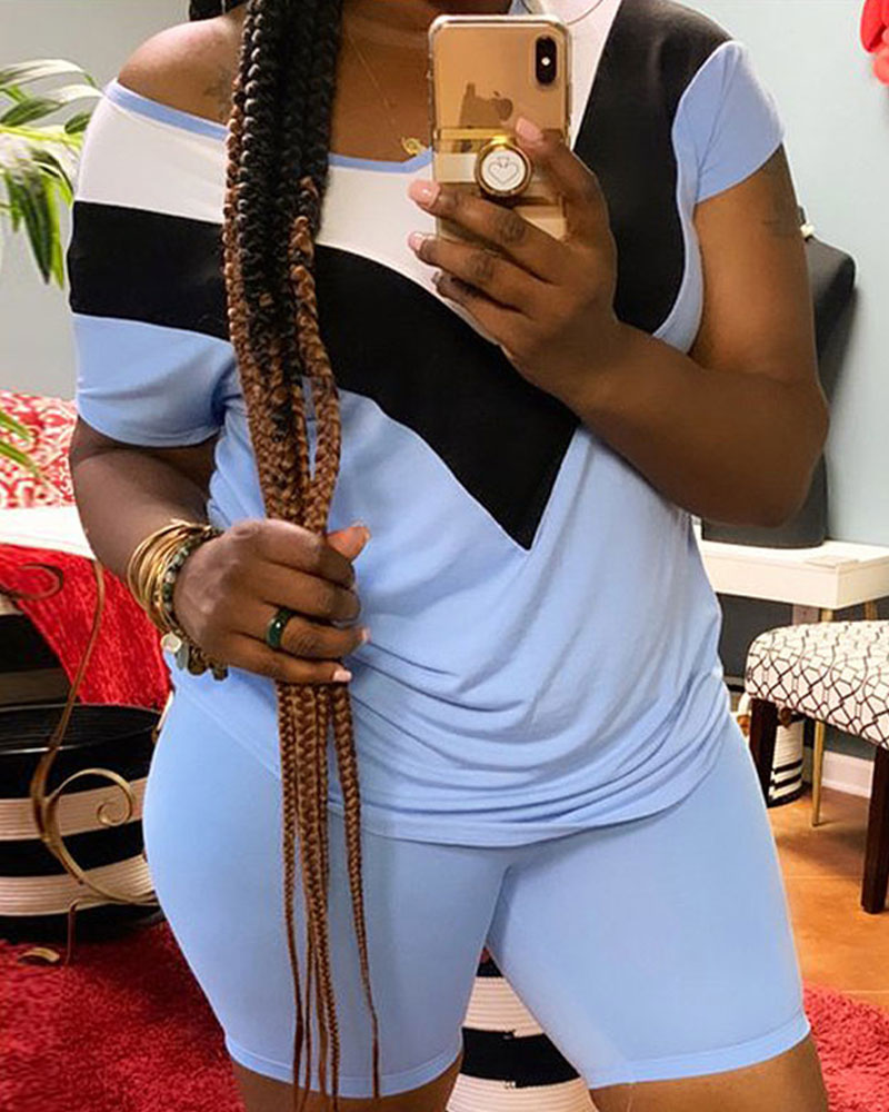 

Plus Size Chevron Print Casual Top & Shorts Set, Blue
