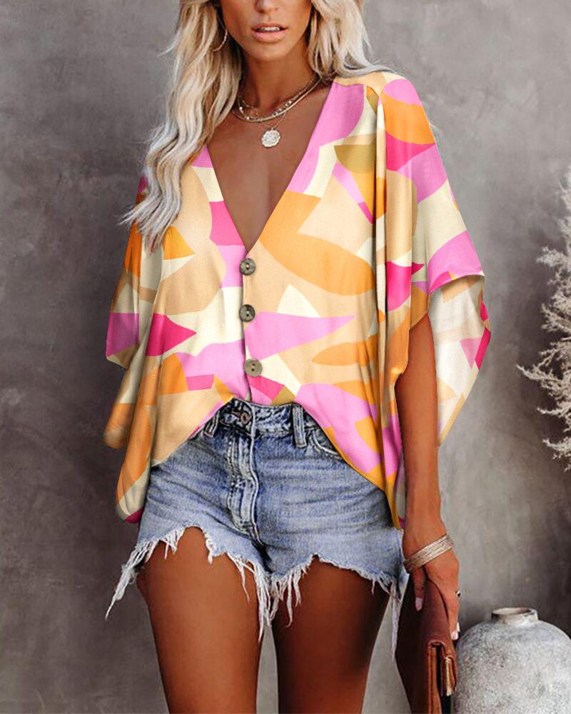 

Allover Print Batwing Sleeve Button Front Top, Multicolor