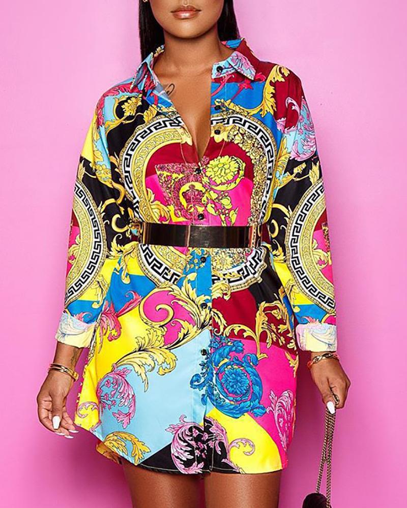 

Geo Pattern Graphic Print Buttoned Shirt Dress, Multicolor