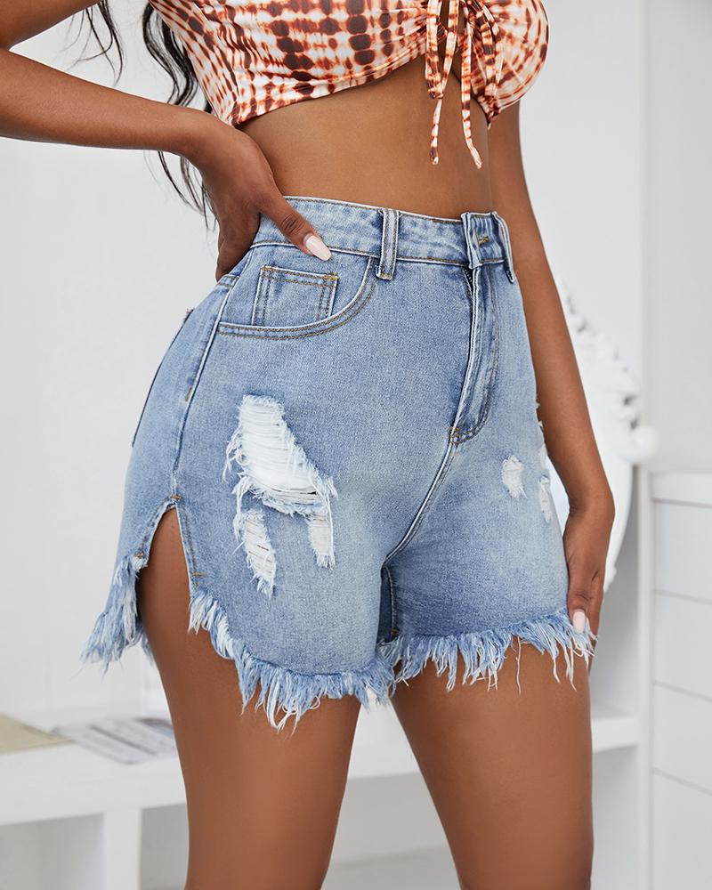 

Slit Ripped Buttoned Fringe Hem Denim Shorts, Blue