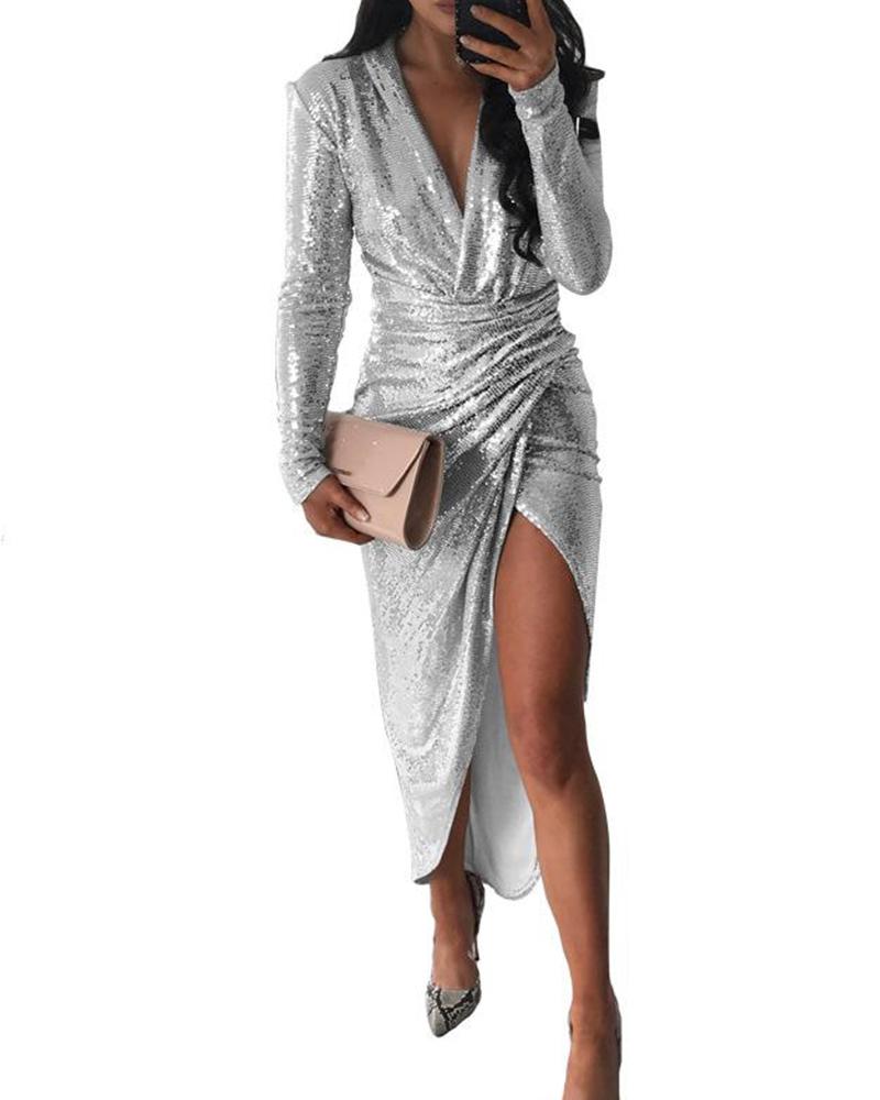 

Deep V Sequined Asymmetrical Dress, Silver