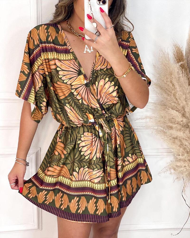 

Retro Tribal Bird Print Drawstring Casual Dress, Green