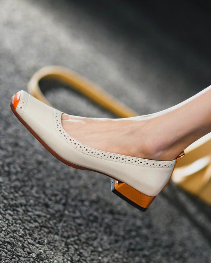 

Square Toe Hollow Out Colorblock Chunky Heels, White