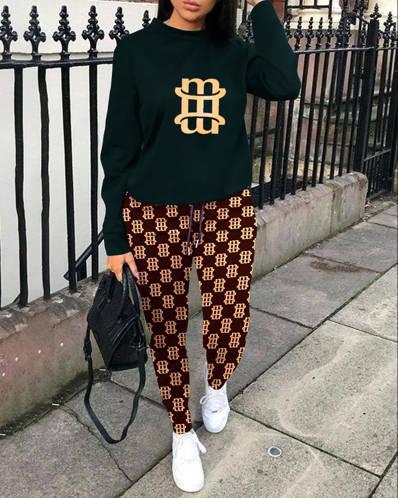 

ChicMe Letter Print Long Sleeve Top & Drawstring Pants Set, Black