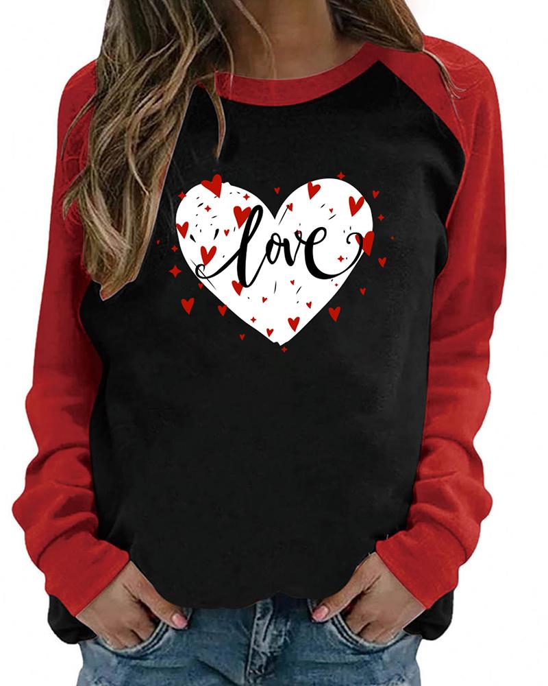 

Valentine' Day O-Neck Heart Print Colorblock Top, Style1