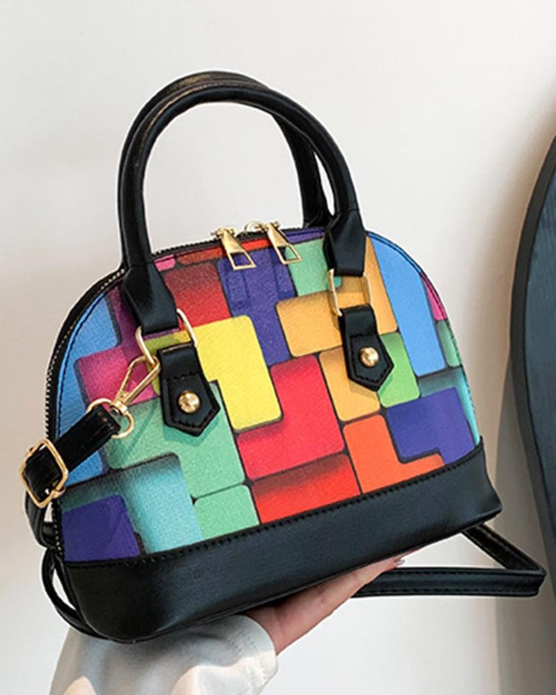 

Geometric Print Colorblock Top Handle Satchel Bag, Black