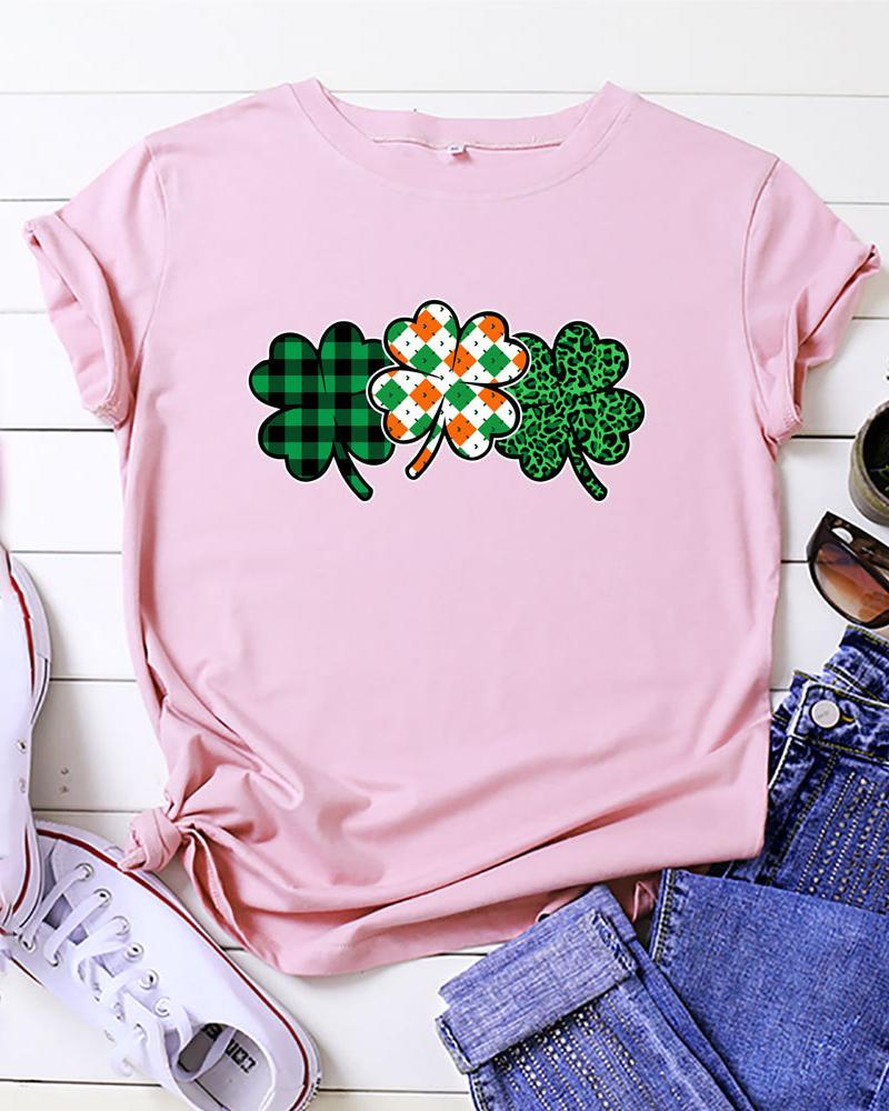 

Clover Print Casual T-shirt, Pink